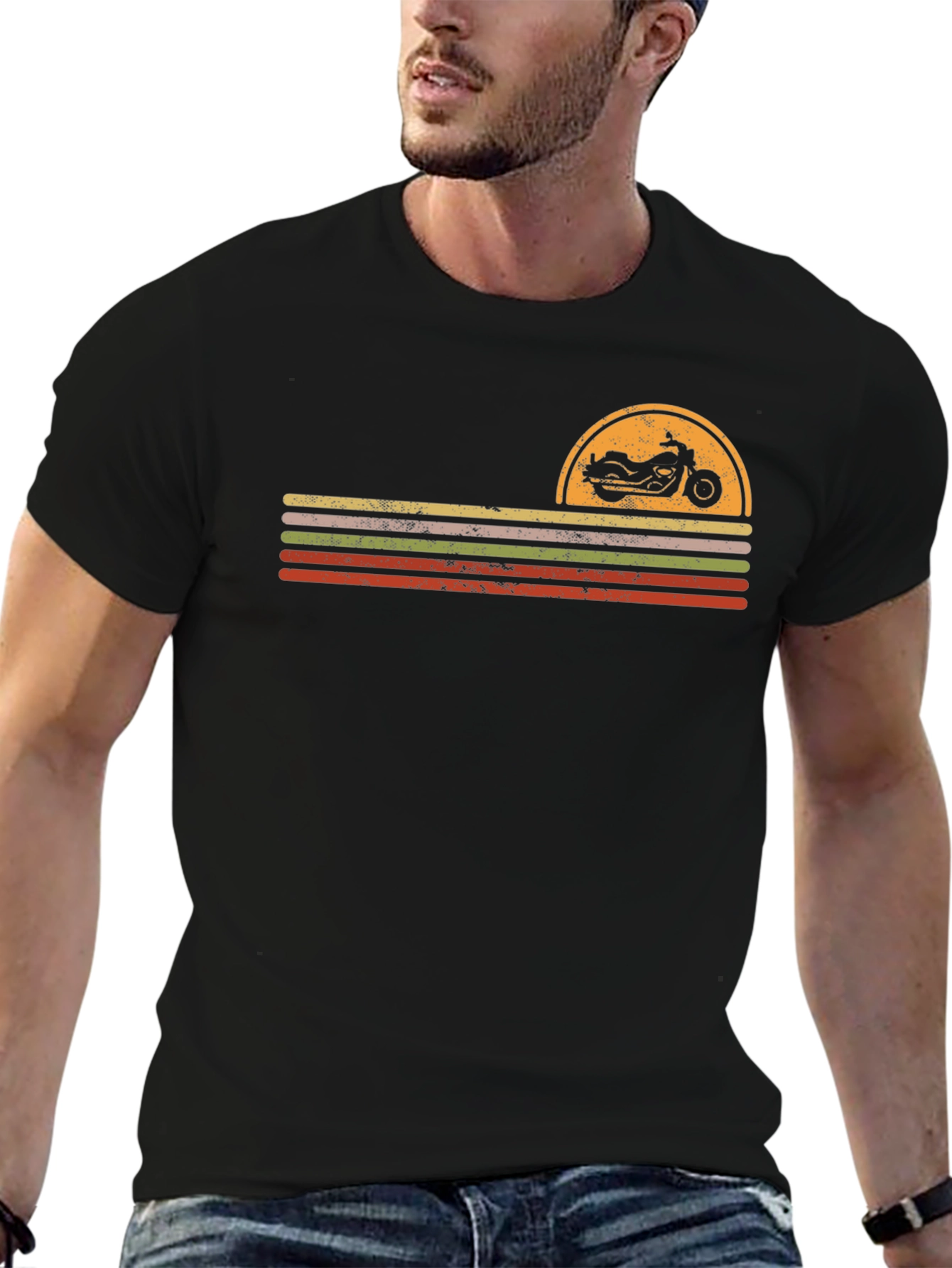 Retro Motorcycle Sunset Graphic Tee - Black