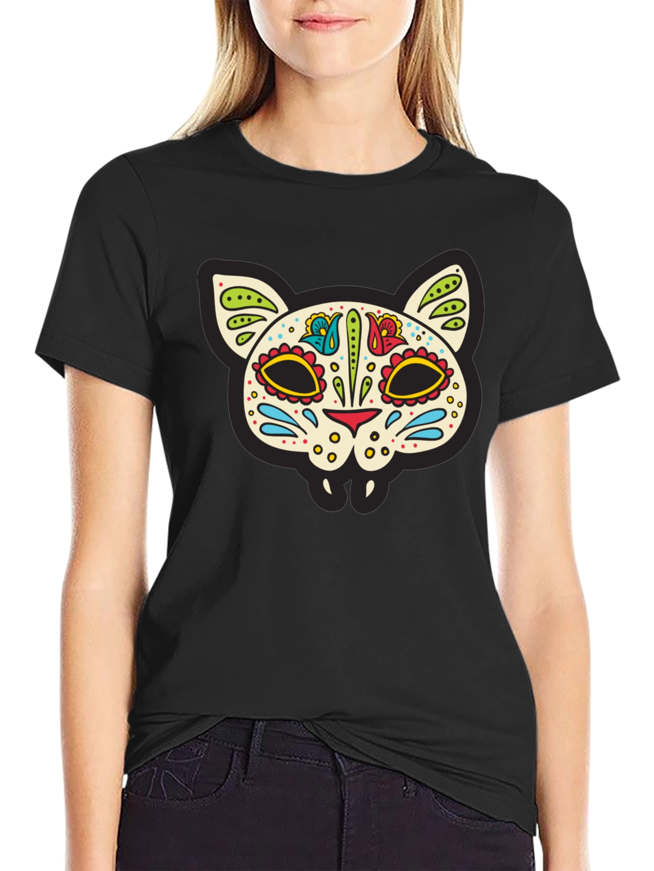 Sugar Skull Cat T-Shirt - Dia de los Muertos Style