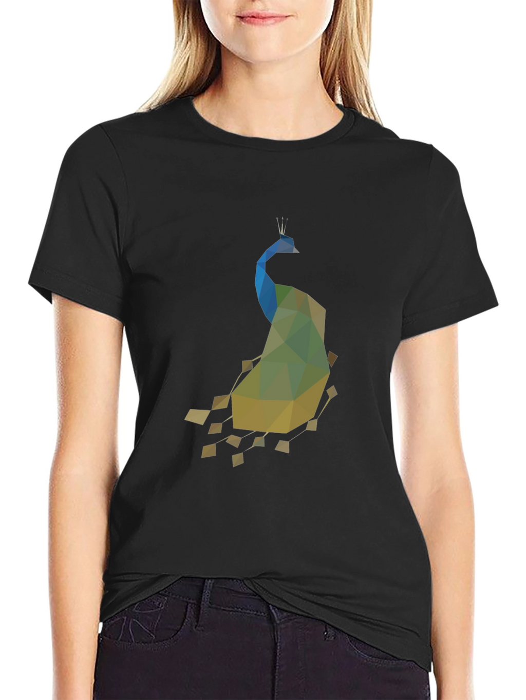 Geometric Peacock Print Black T-Shirt