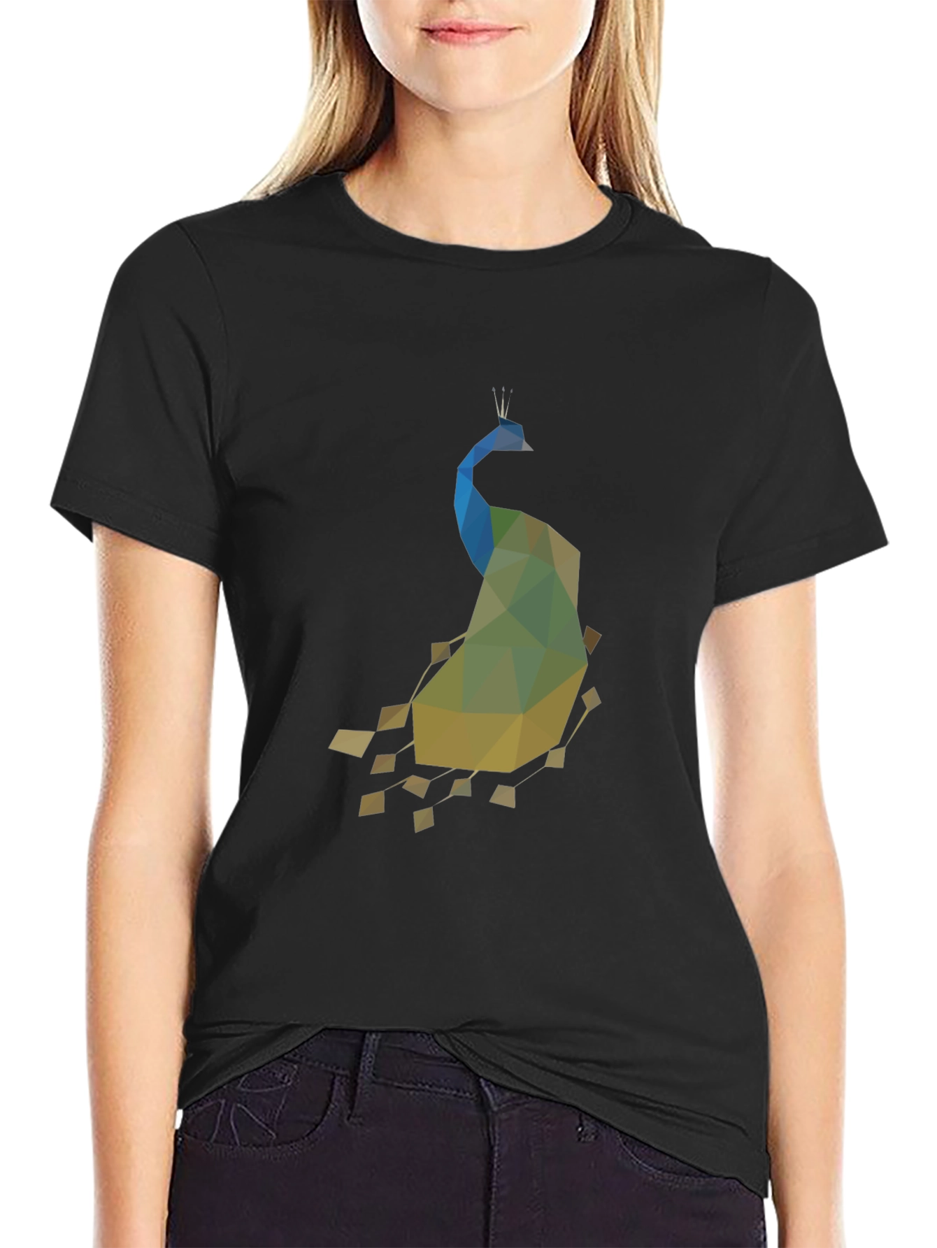Geometric Peacock Print Black T-Shirt