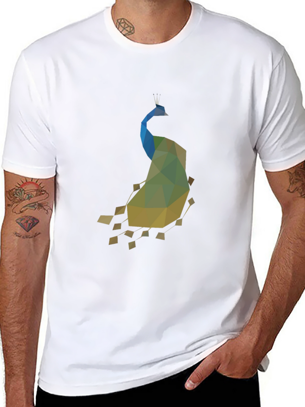 Geometric Peacock Print Black T-Shirt