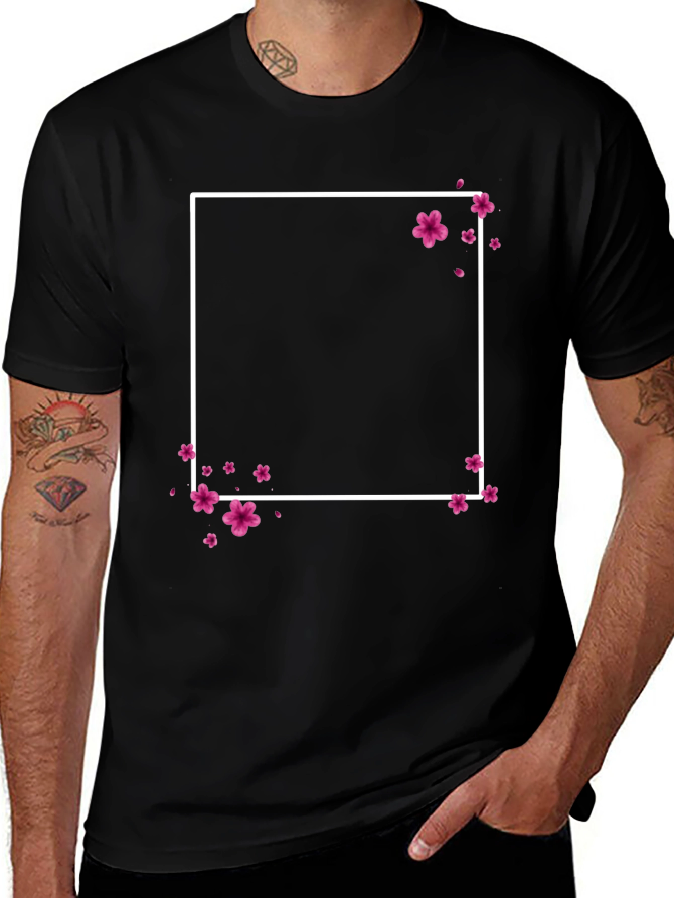 Floral Square Graphic Tee - Stylish Mens Black T-Shirt