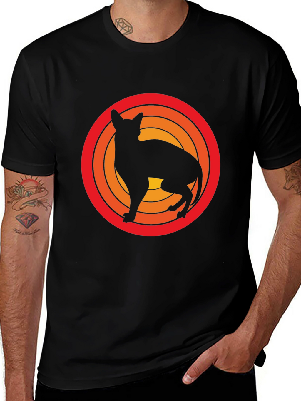 Retro Cat Silhouette Graphic Tee - Black Cotton T-Shirt