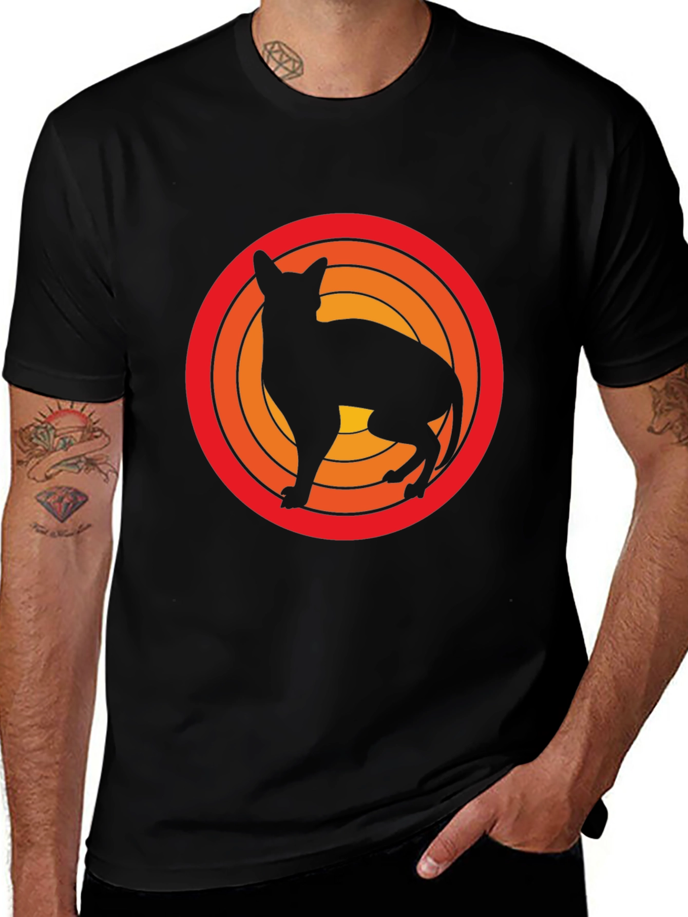 Retro Cat Silhouette Graphic Tee - Black Cotton T-Shirt
