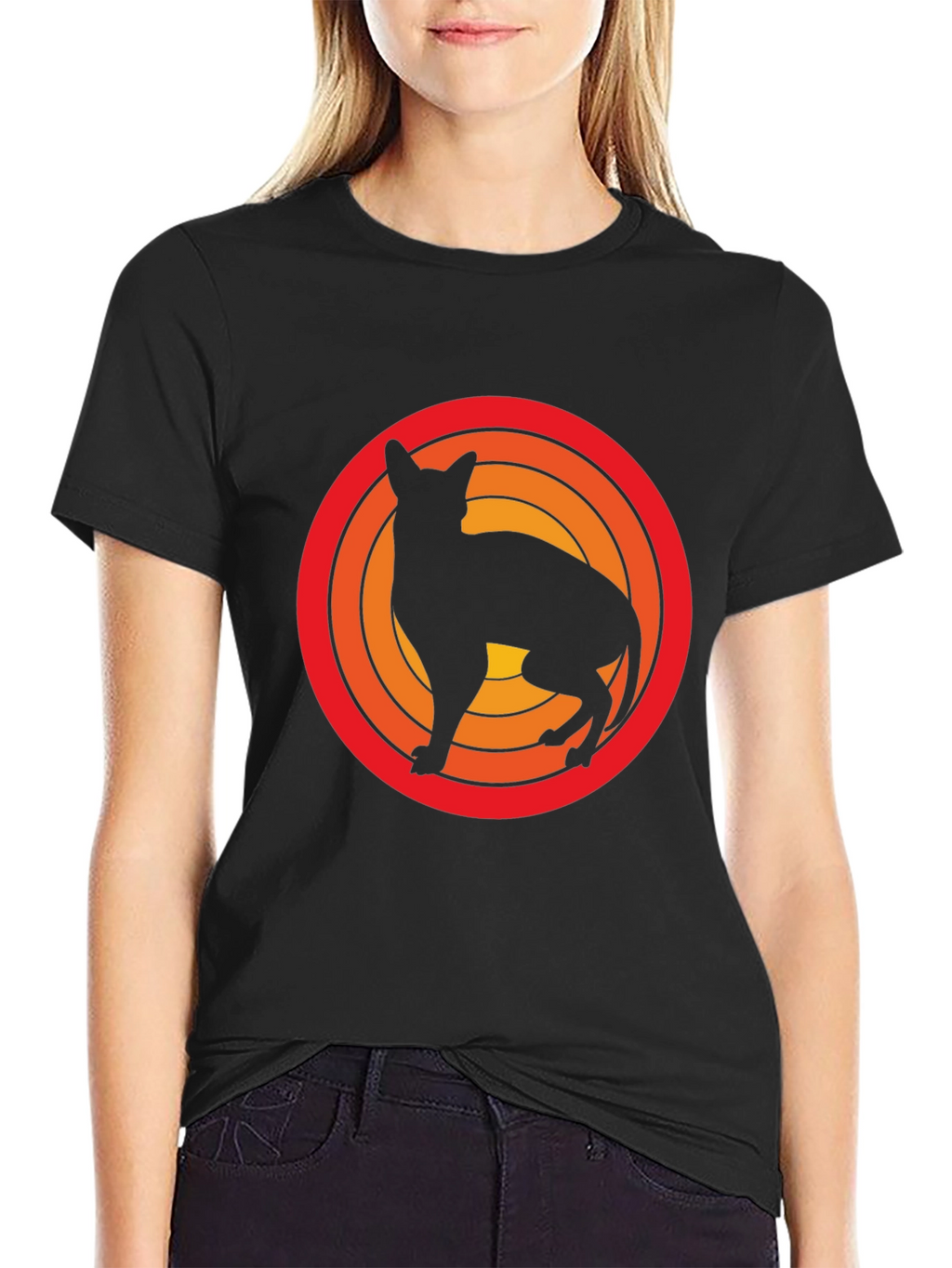 Retro Cat Silhouette Graphic Tee - Black Cotton T-Shirt
