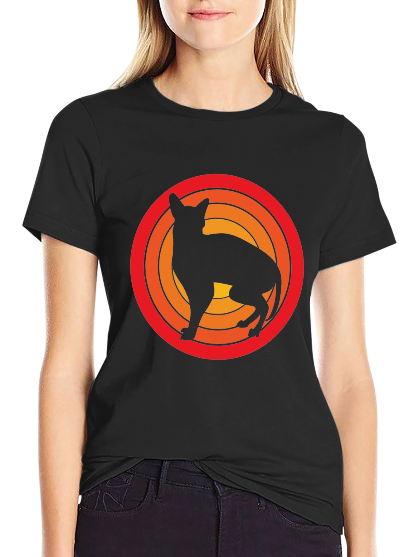 Retro Cat Silhouette Graphic Tee - Black Cotton T-Shirt