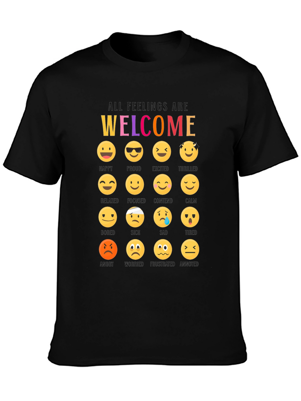 Welcome All Feelings Emoji Black T-Shirt