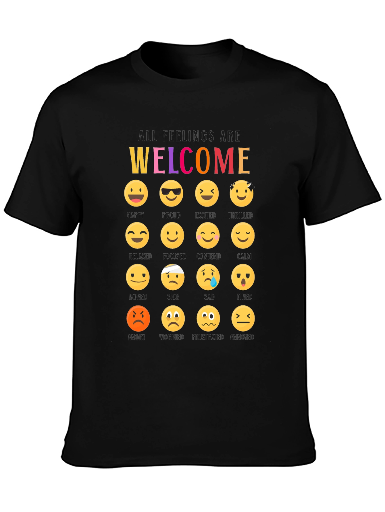 Welcome All Feelings Emoji Black T-Shirt