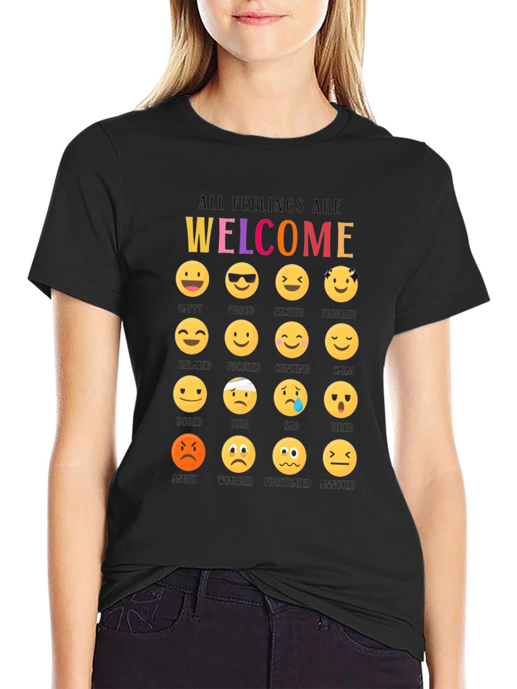 Welcome All Feelings Emoji Black T-Shirt