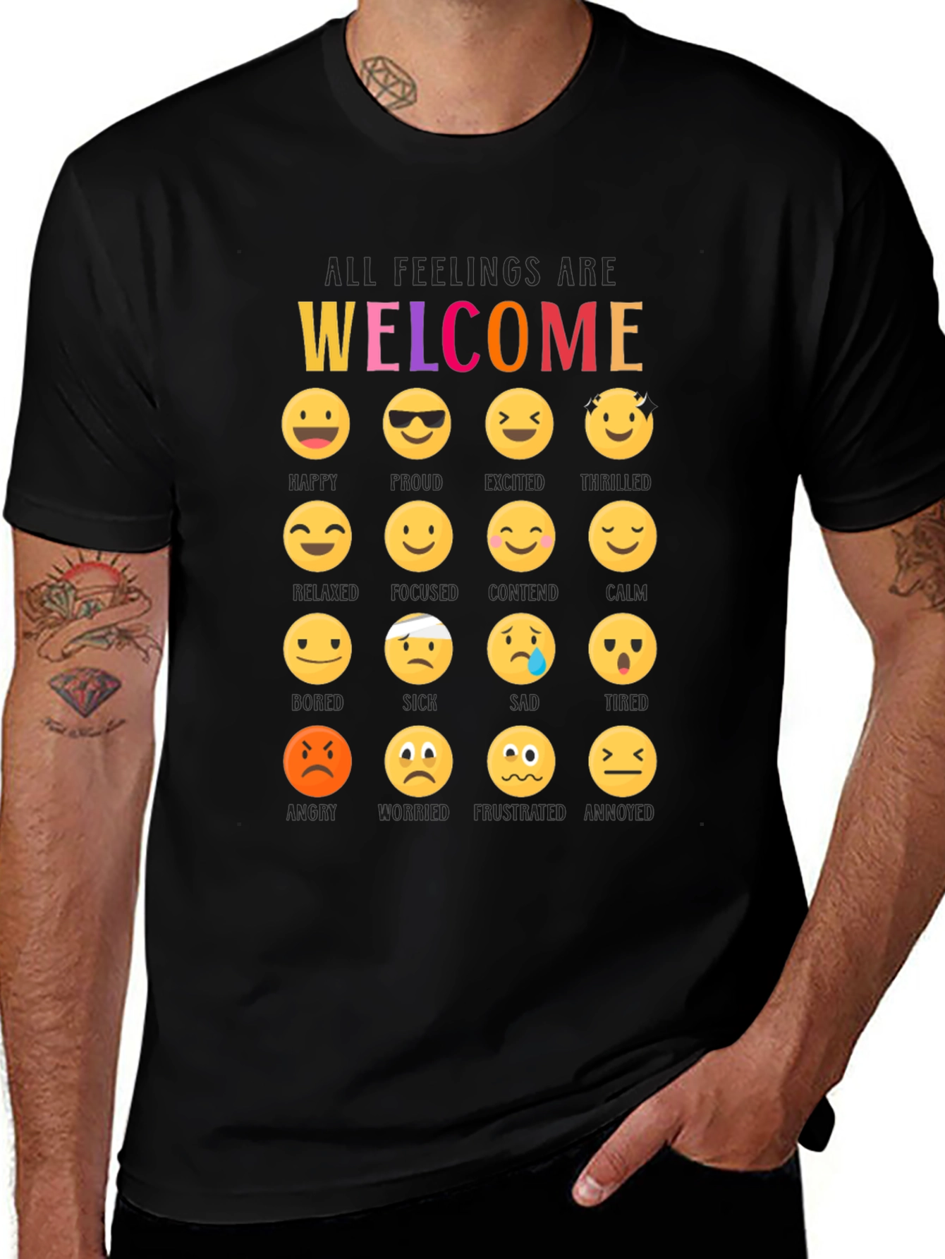 Welcome All Feelings Emoji Black T-Shirt