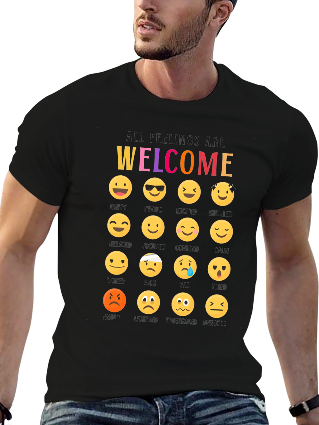 Welcome All Feelings Emoji Black T-Shirt