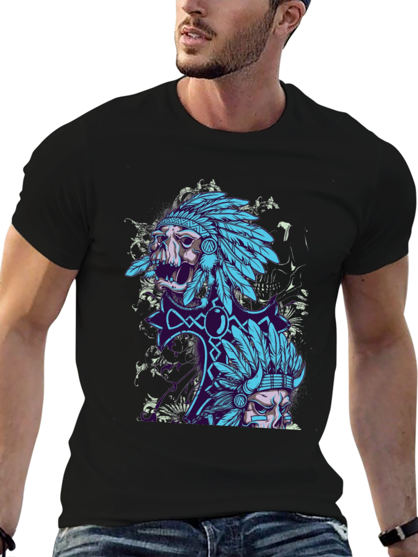 Skull Chief Graphic Tee - Black Cotton T-Shirt
