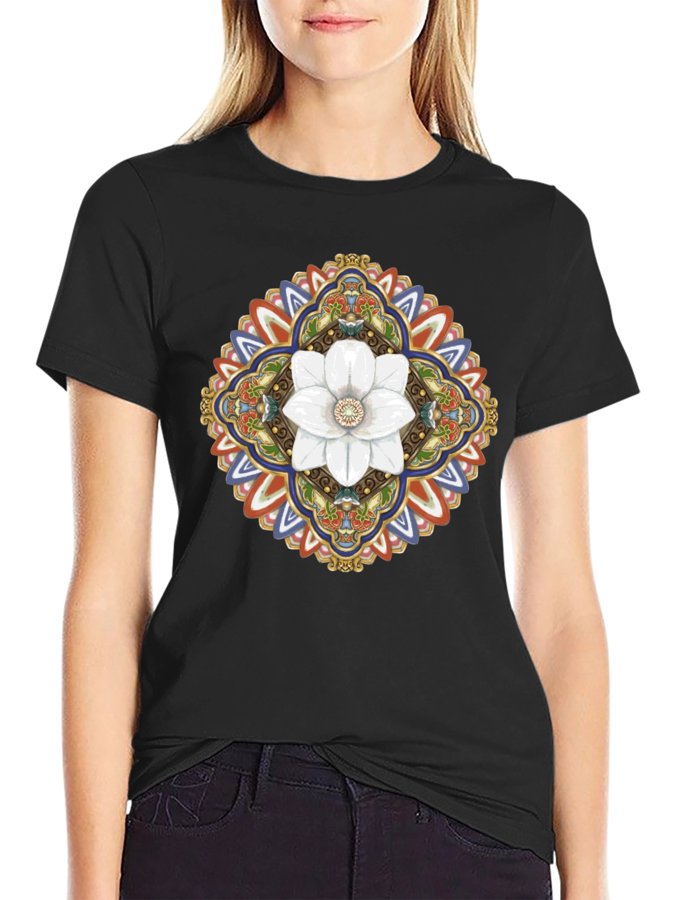 Floral Mandala Graphic T-Shirt - Black