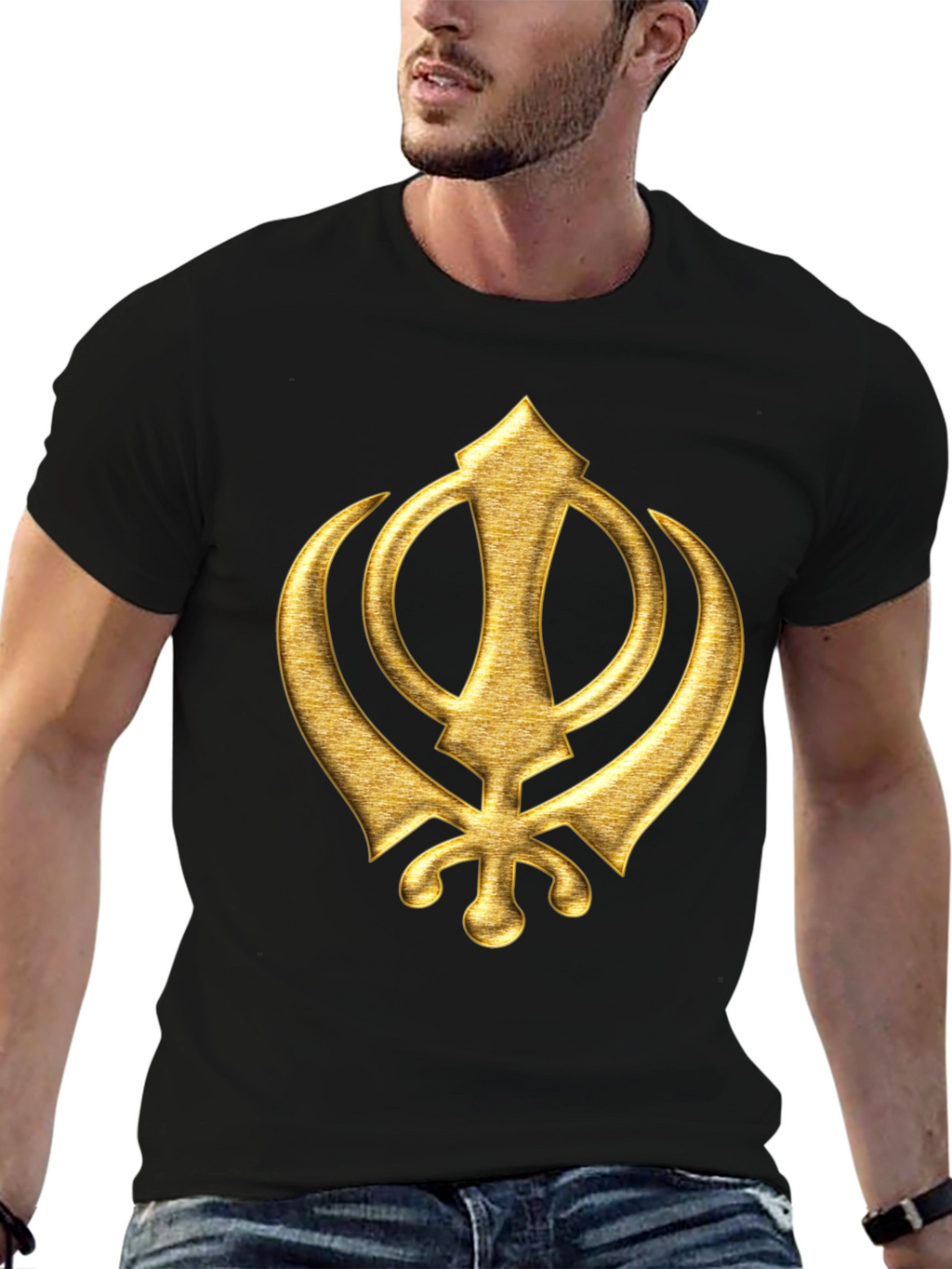 Golden Sikh Symbol T-Shirt - Black Cotton Blend