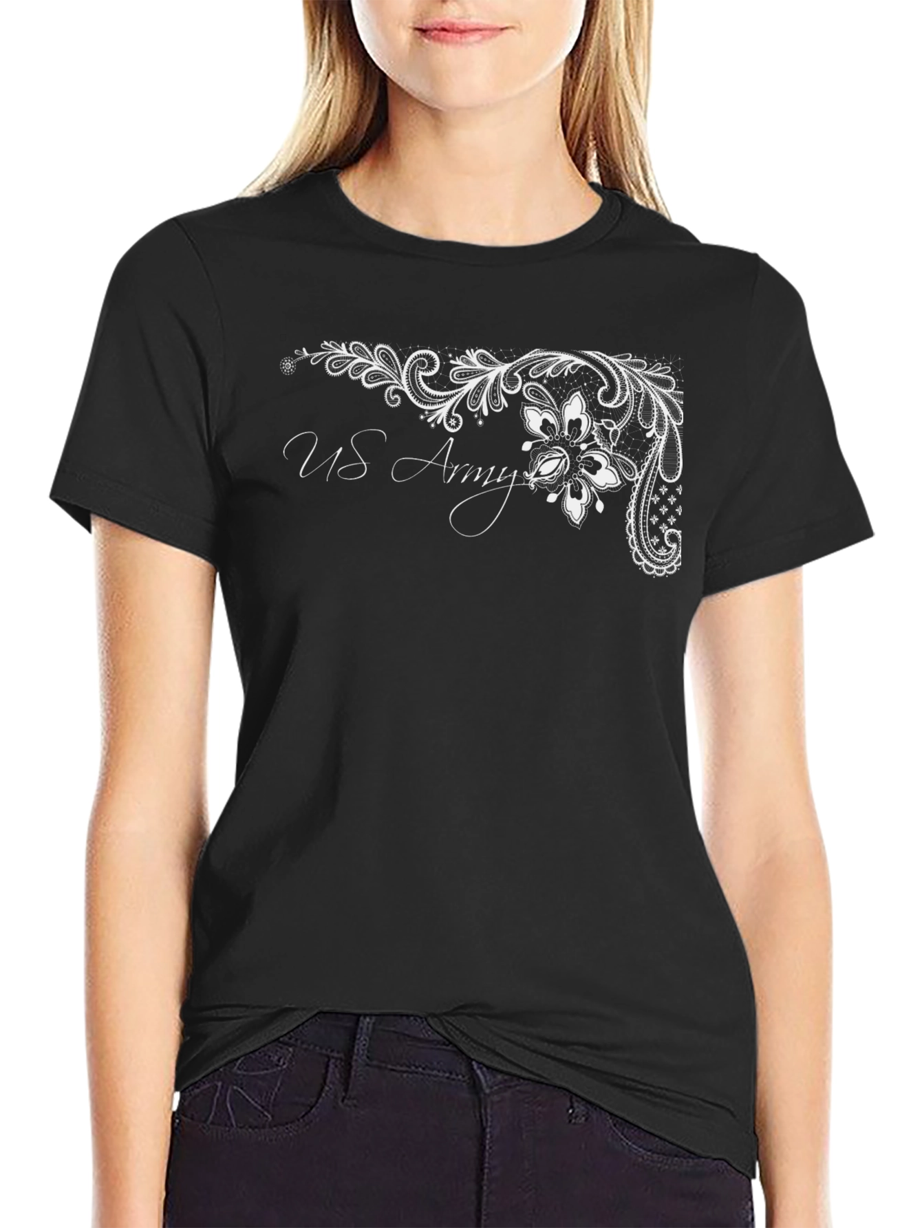 US Army Floral Graphic Tee - Black Casual T-Shirt