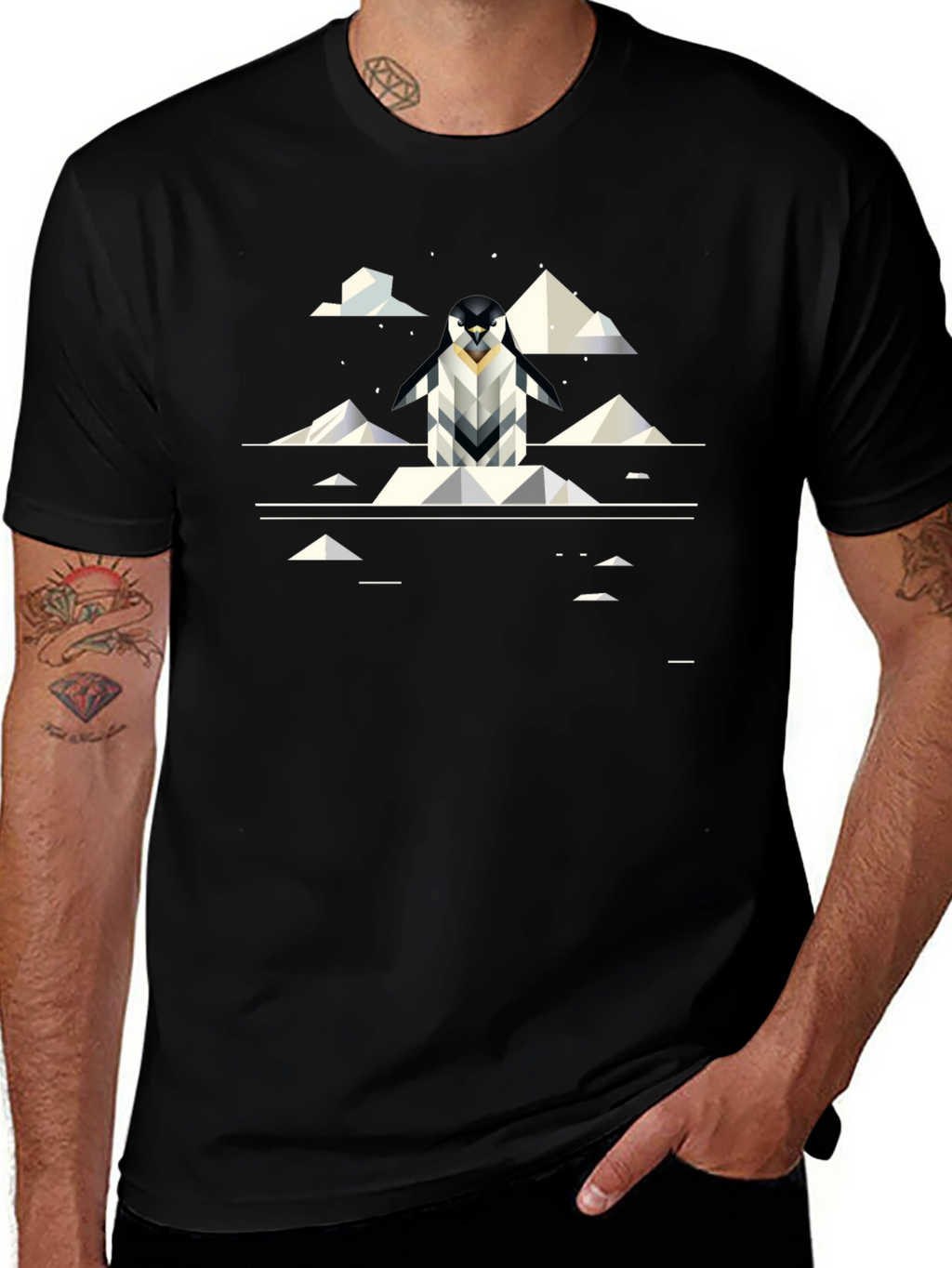 Geometric Penguin Graphic Black T-Shirt