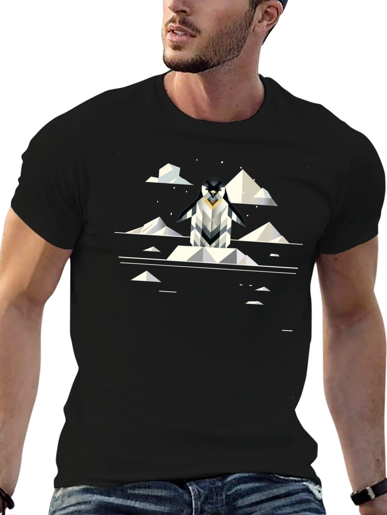 Geometric Penguin Graphic Black T-Shirt