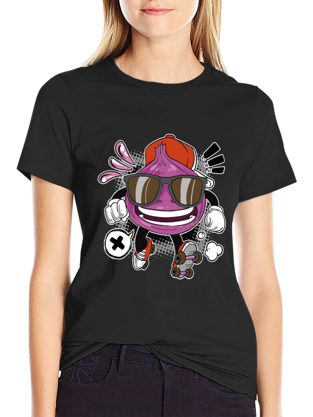 Cool Cartoon Onion Skateboarder Black T-Shirt