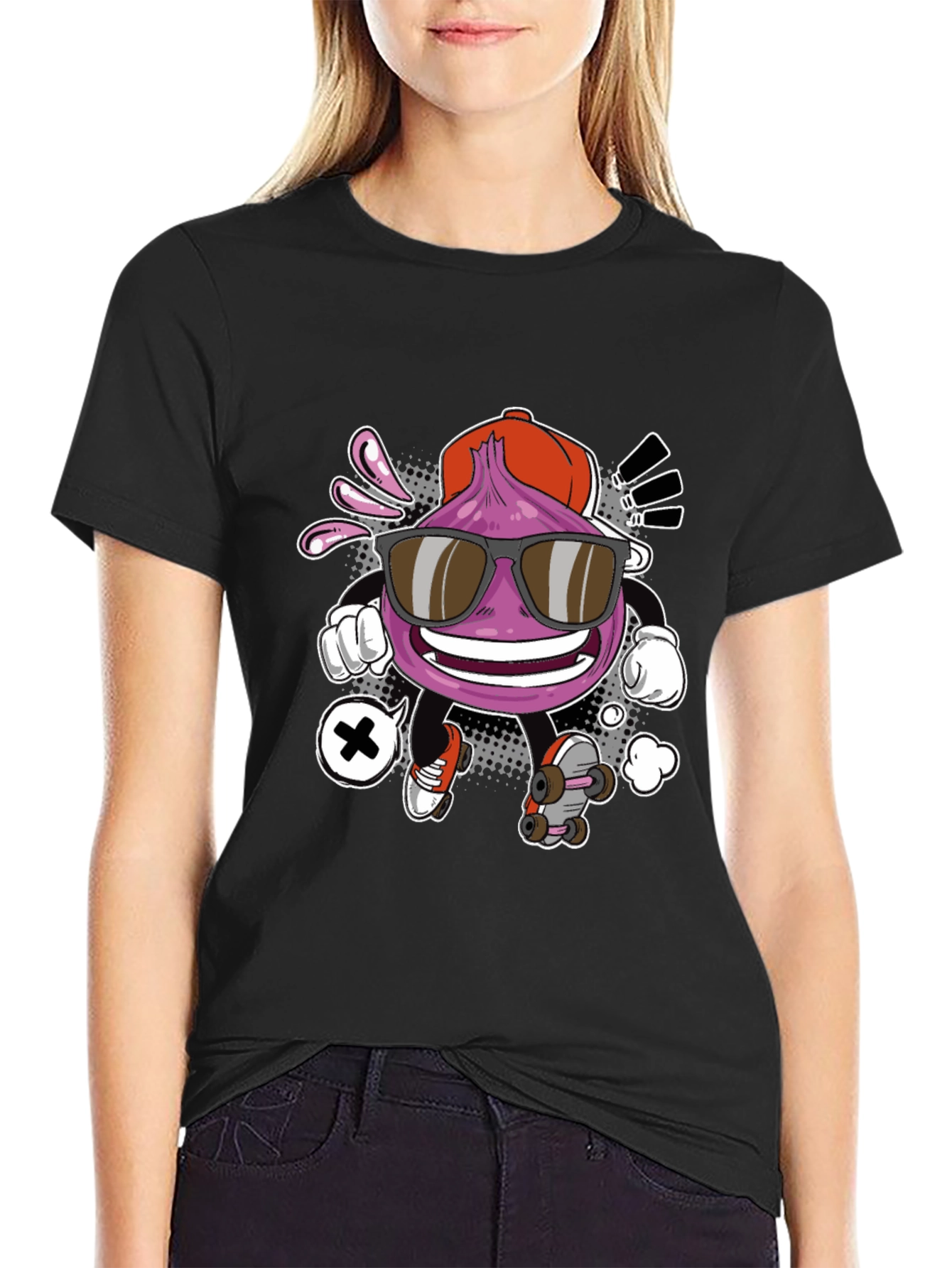 Cool Cartoon Onion Skateboarder Black T-Shirt