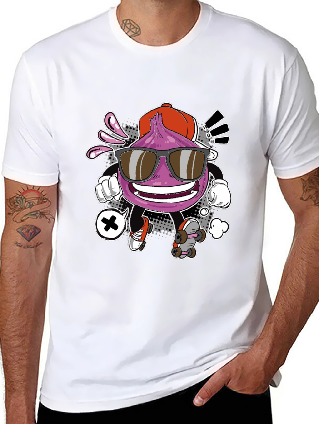 Cool Cartoon Onion Skateboarder Black T-Shirt
