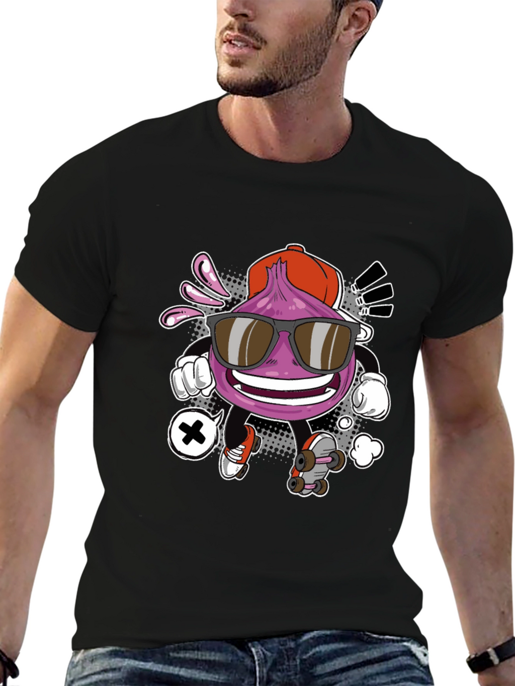 Cool Cartoon Onion Skateboarder Black T-Shirt