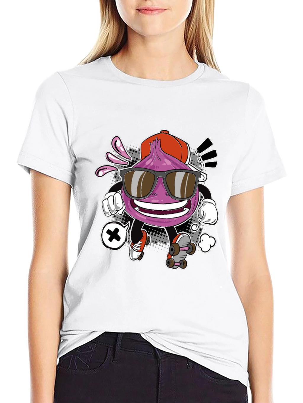 Cool Cartoon Onion Skateboarder Black T-Shirt
