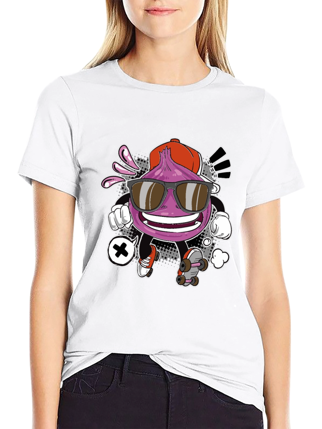 Cool Cartoon Onion Skateboarder Black T-Shirt