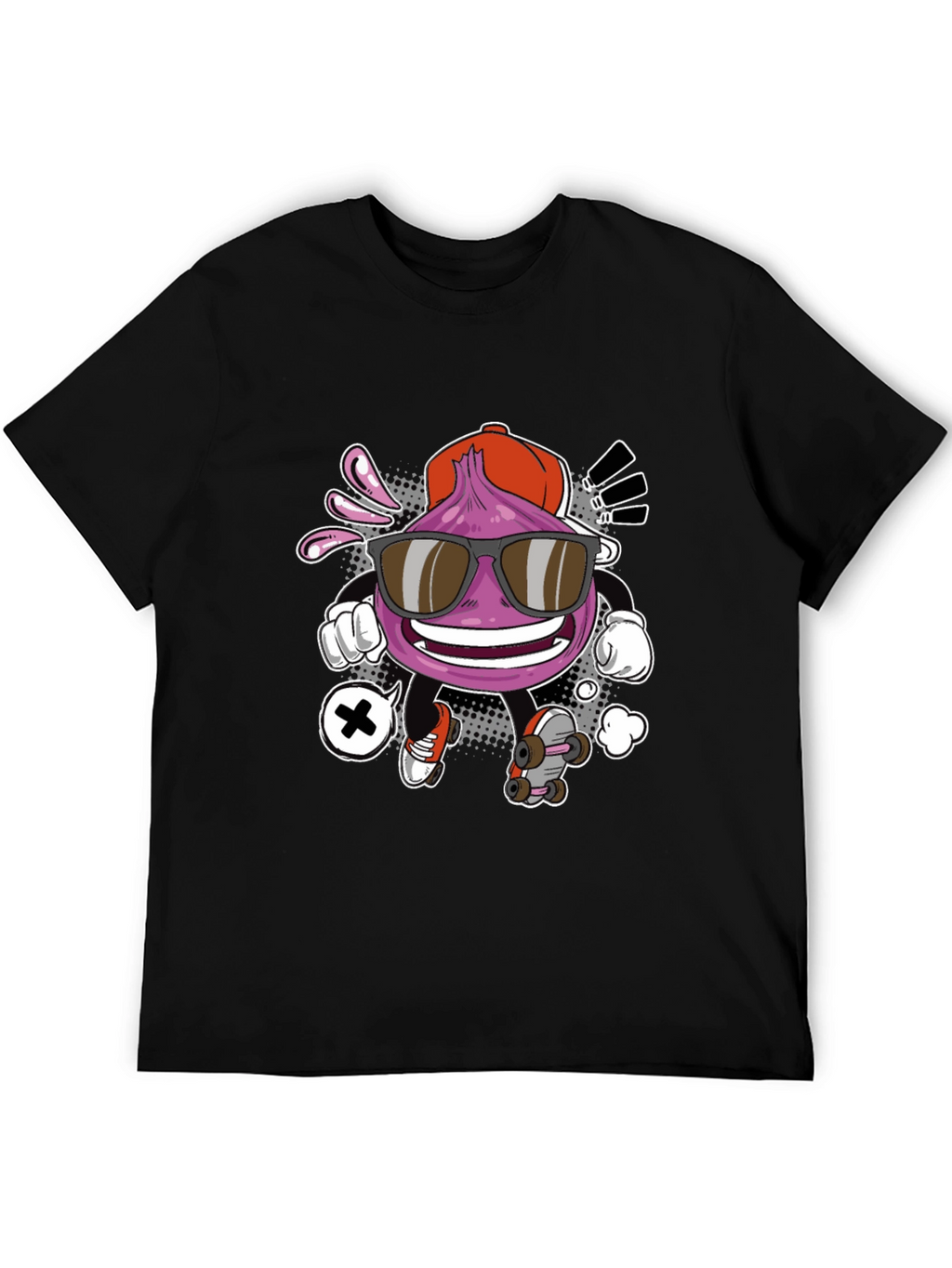 Cool Cartoon Onion Skateboarder Black T-Shirt