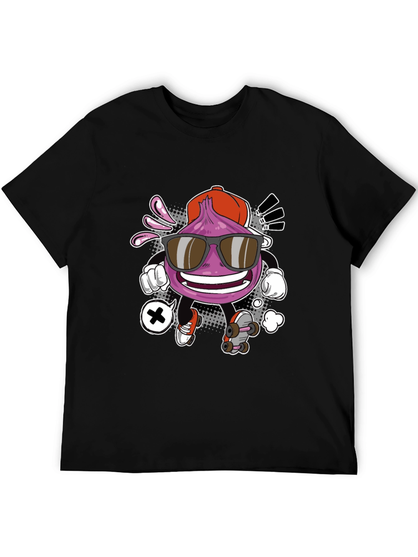 Cool Cartoon Onion Skateboarder Black T-Shirt