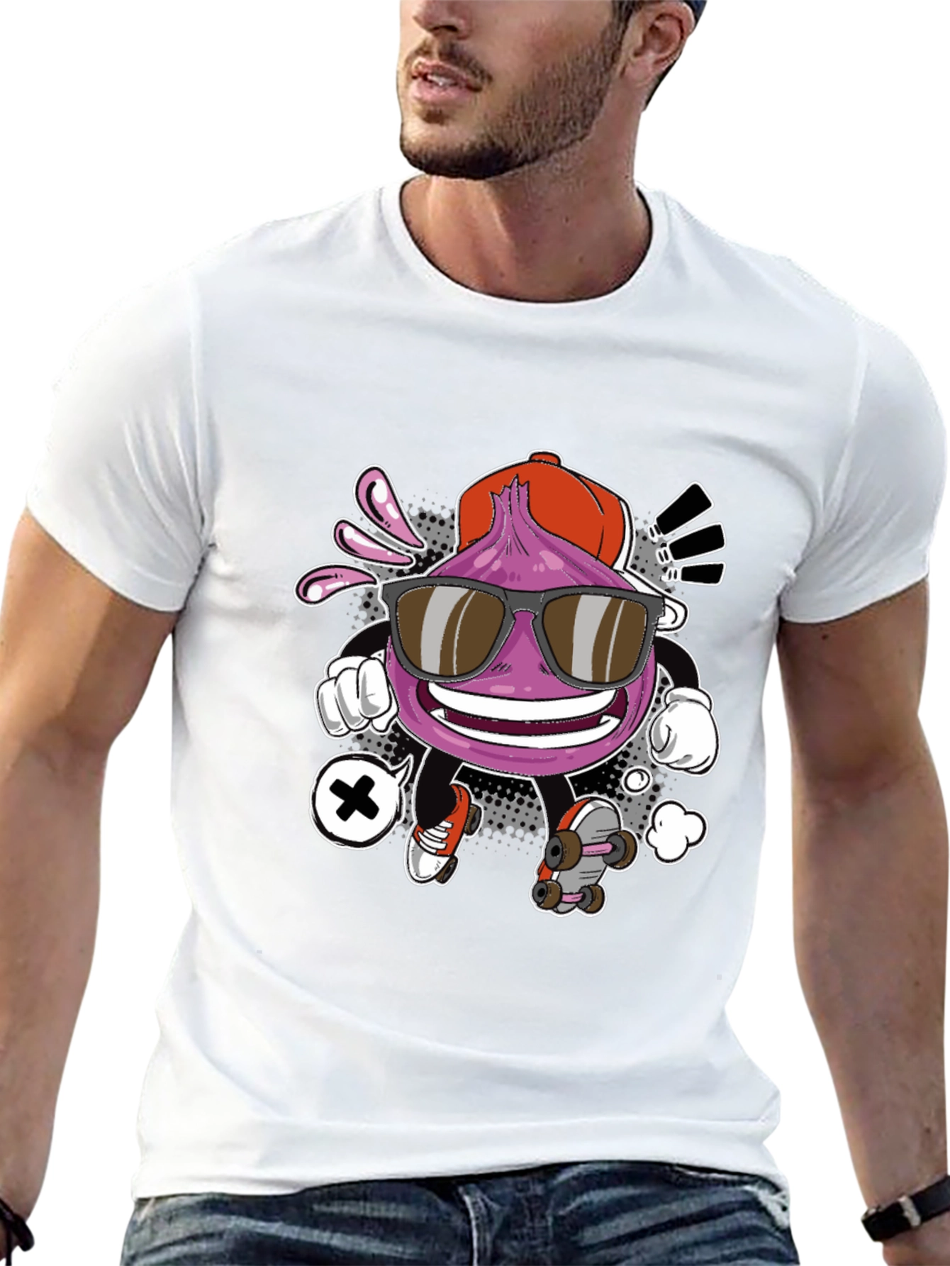 Cool Cartoon Onion Skateboarder Black T-Shirt