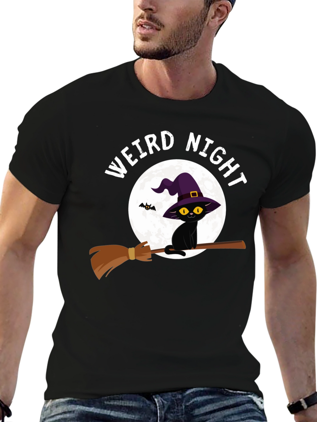 Weird Night Cat on Broom T-Shirt