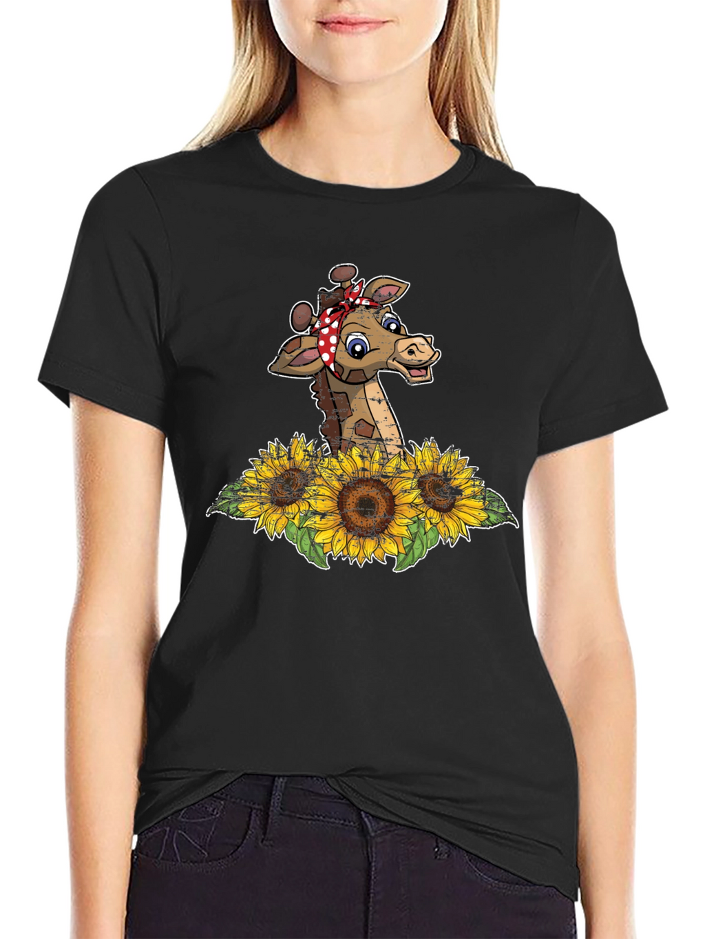Giraffe Sunflower Graphic Print Tee
