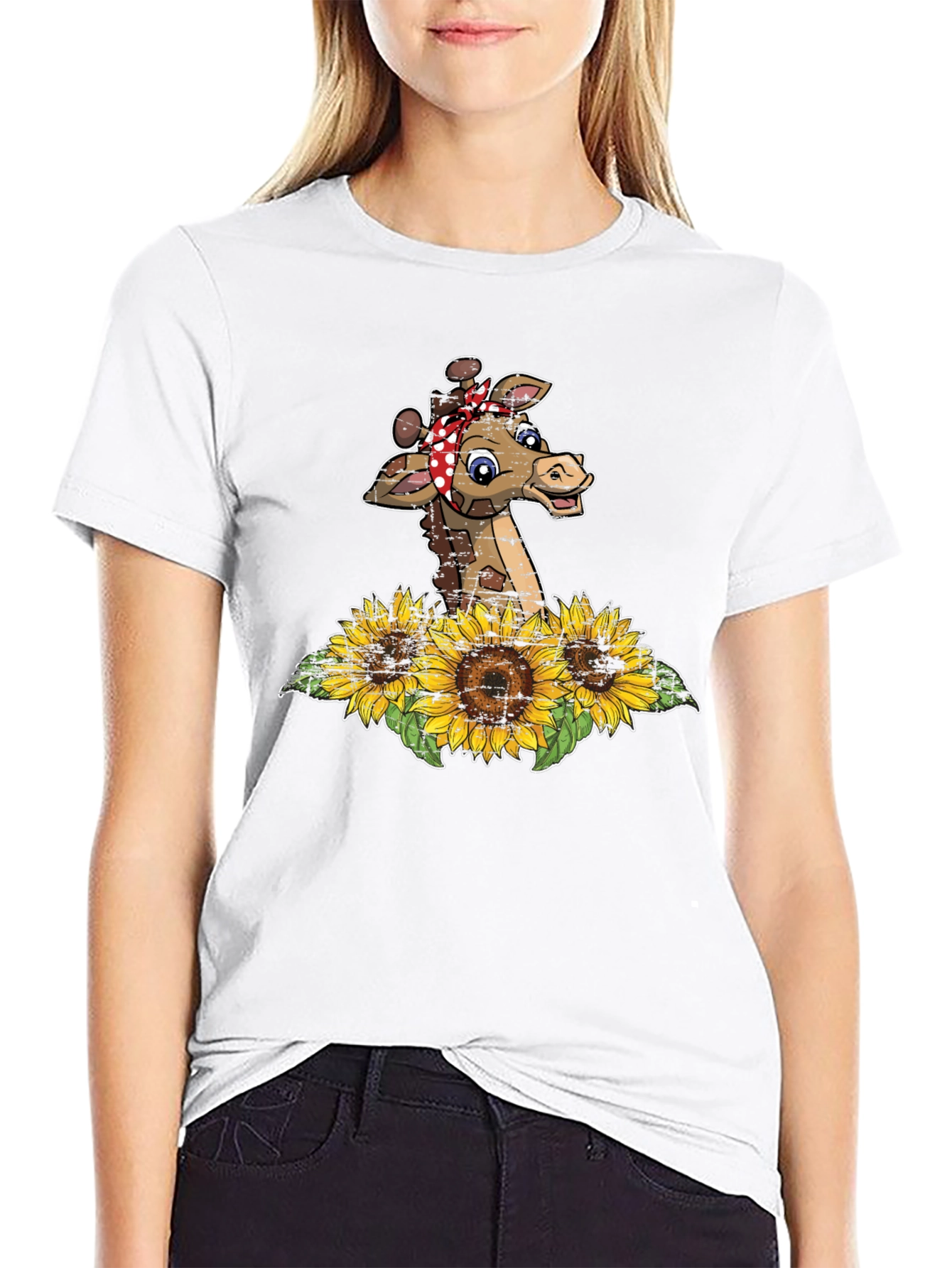 Giraffe Sunflower Graphic Print Tee