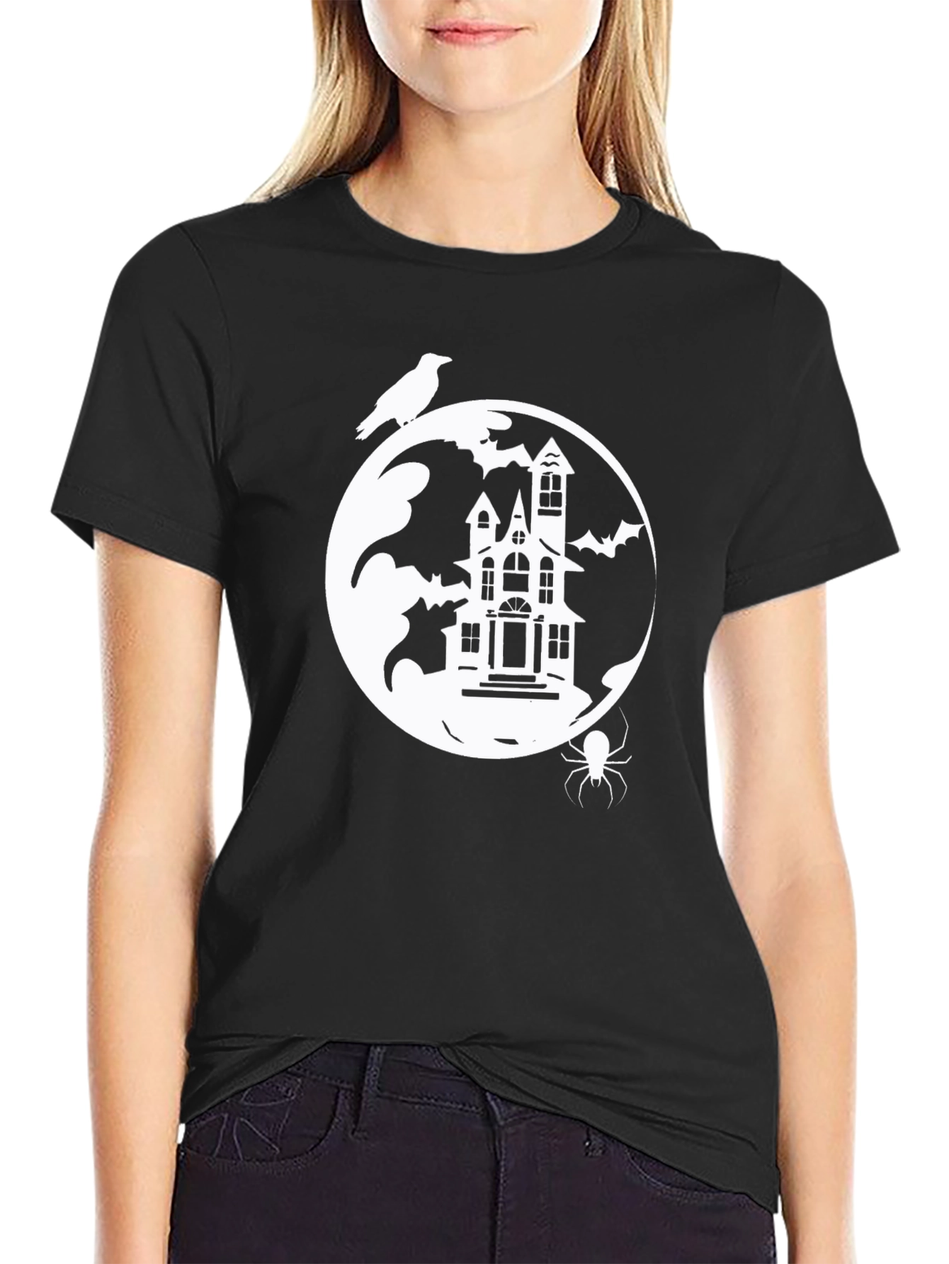 Spooky Halloween Graphic Tee - Haunted House Moon Raven Spider