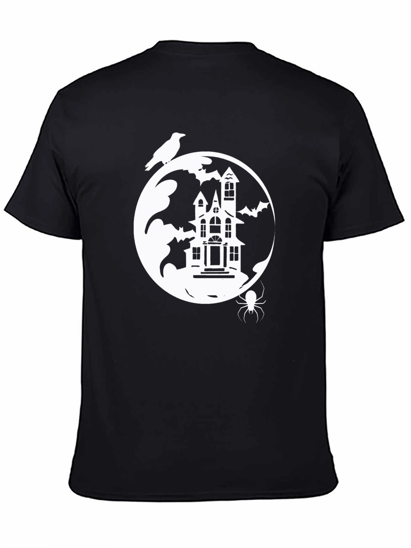Spooky Halloween Graphic Tee - Haunted House Moon Raven Spider