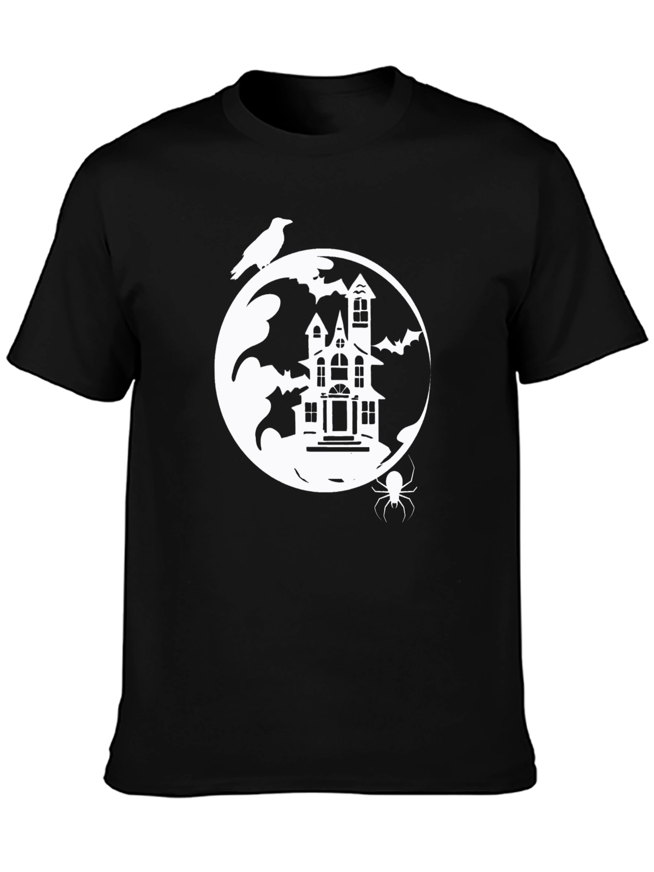 Spooky Halloween Graphic Tee - Haunted House Moon Raven Spider