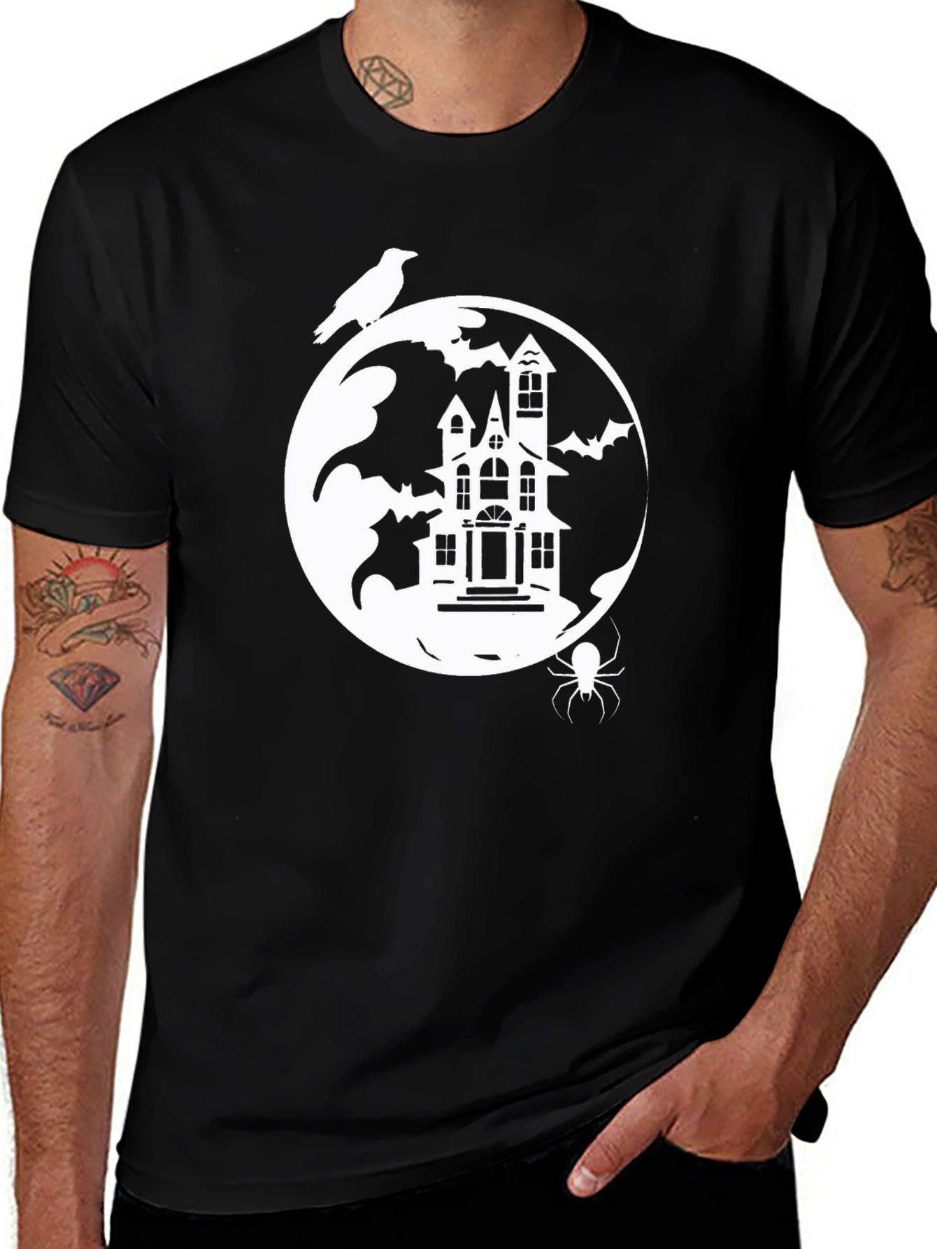 Spooky Halloween Graphic Tee - Haunted House Moon Raven Spider