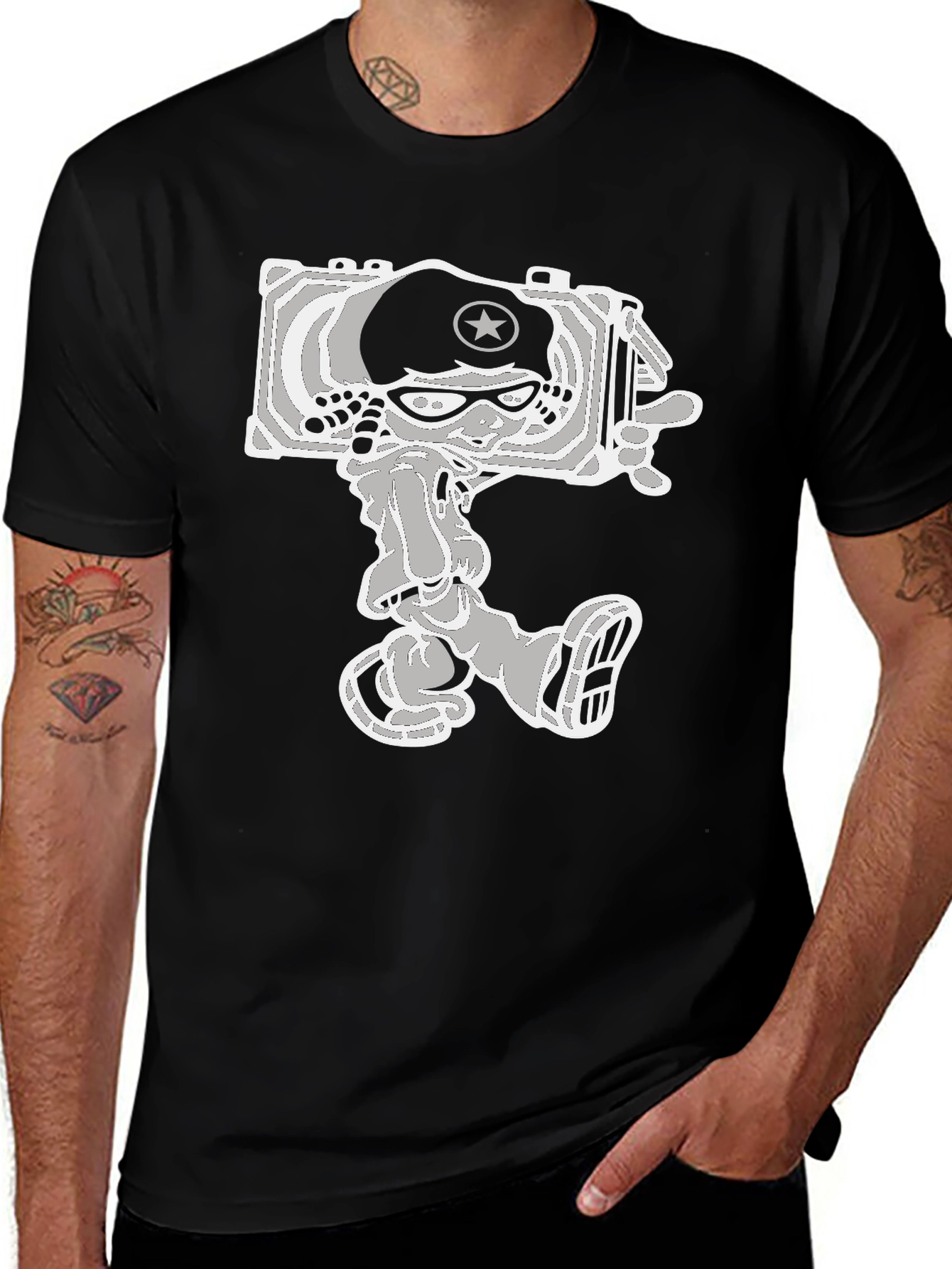 Cartoon Tank Commander Graphic Tee - Black