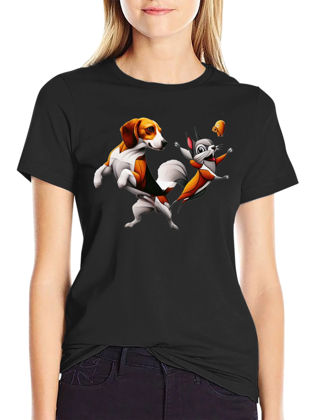 Funny Cartoon Dog and Squirrel Graphic Tee