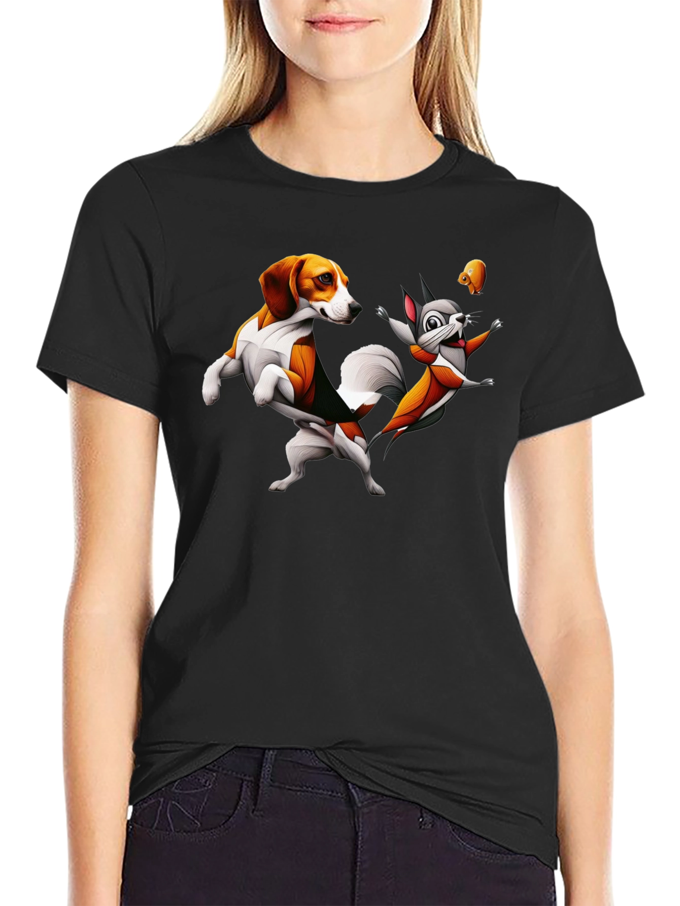 Funny Cartoon Dog and Squirrel Graphic Tee
