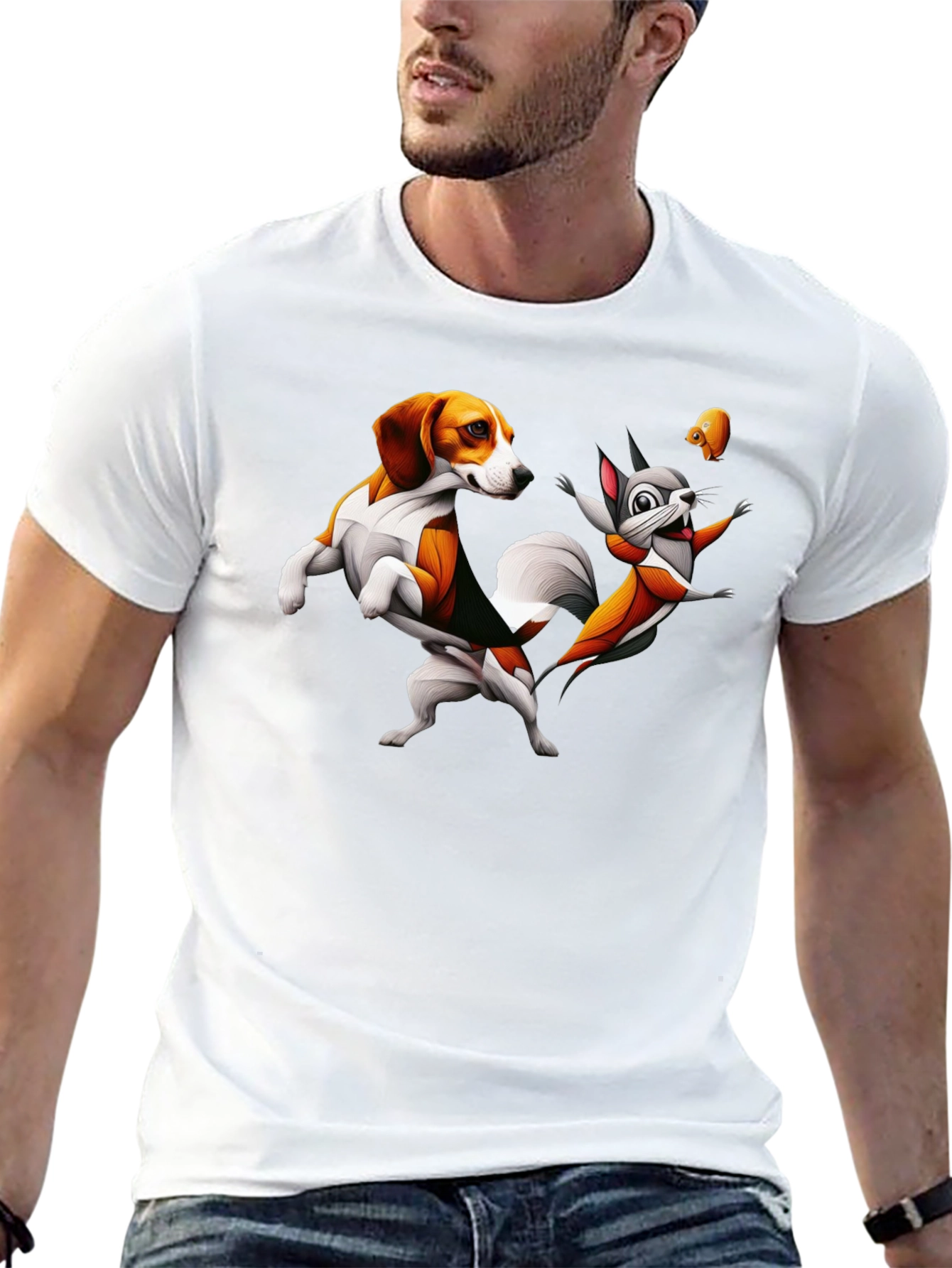 Funny Cartoon Dog and Squirrel Graphic Tee
