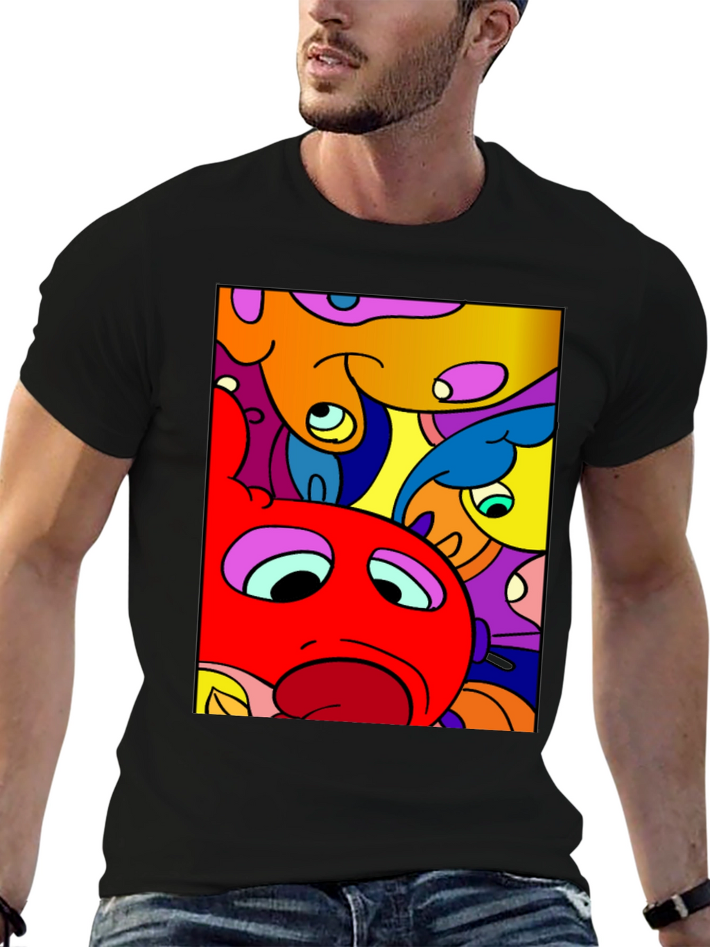 Abstract Cartoon Character Graphic Tee - Black