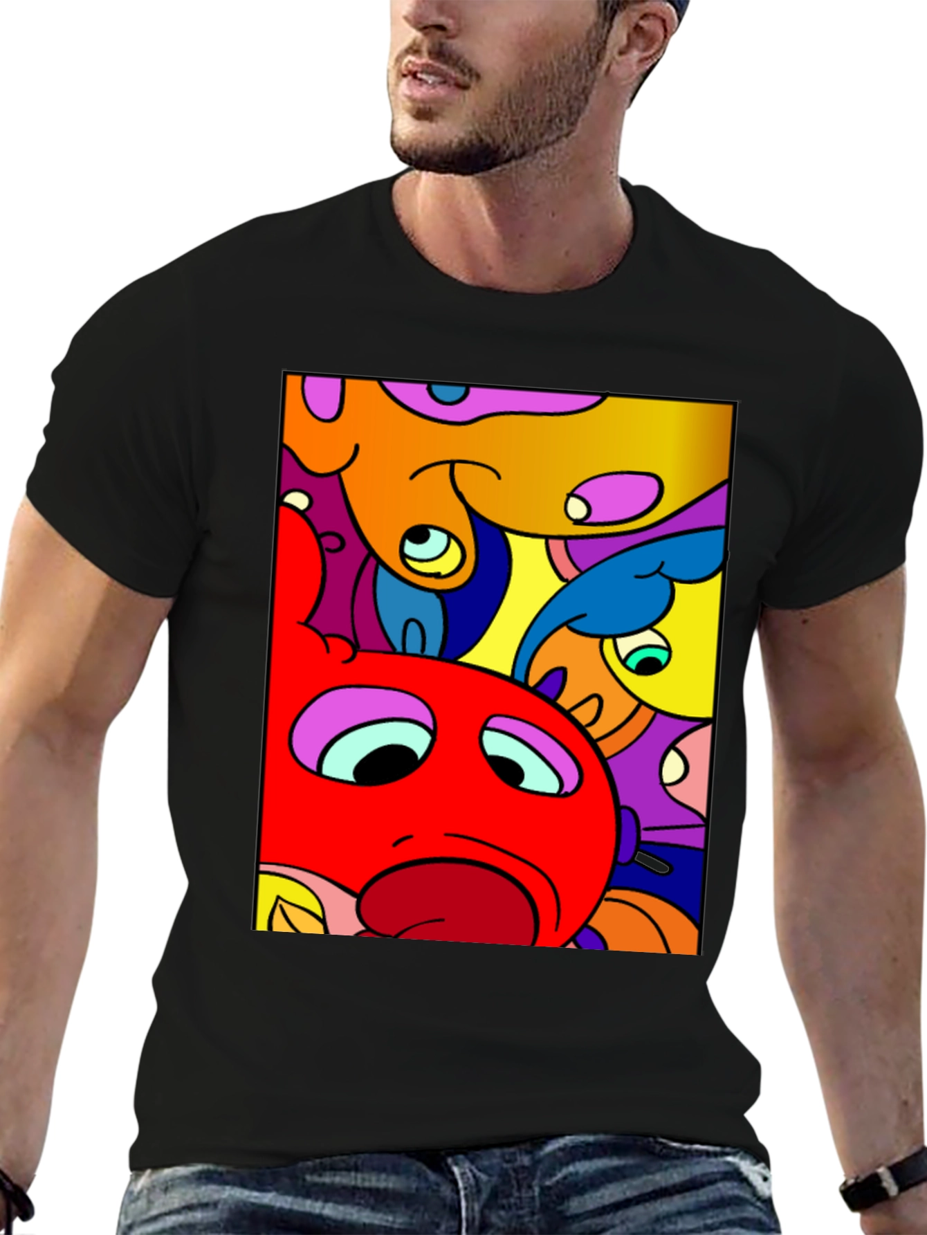 Abstract Cartoon Character Graphic Tee - Black