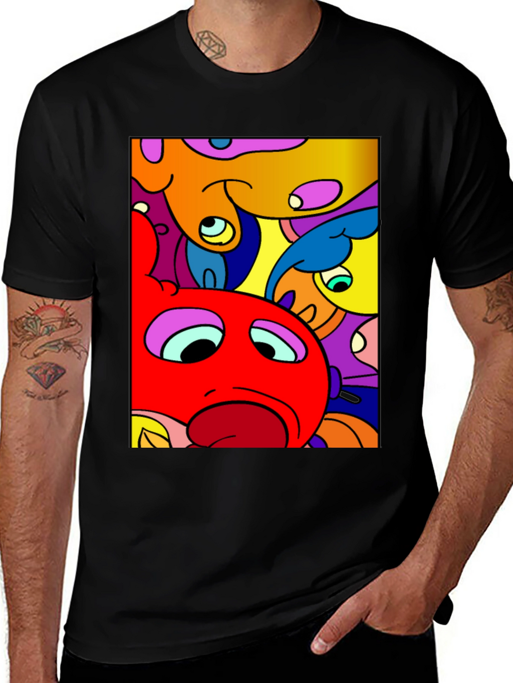 Abstract Cartoon Character Graphic Tee - Black
