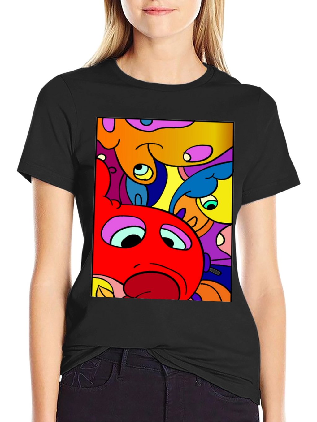 Abstract Cartoon Character Graphic Tee - Black