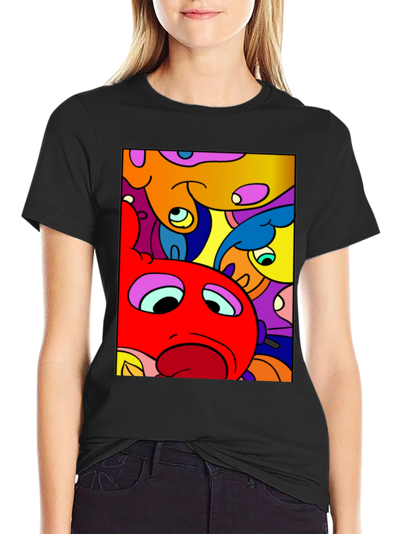 Abstract Cartoon Character Graphic Tee - Black