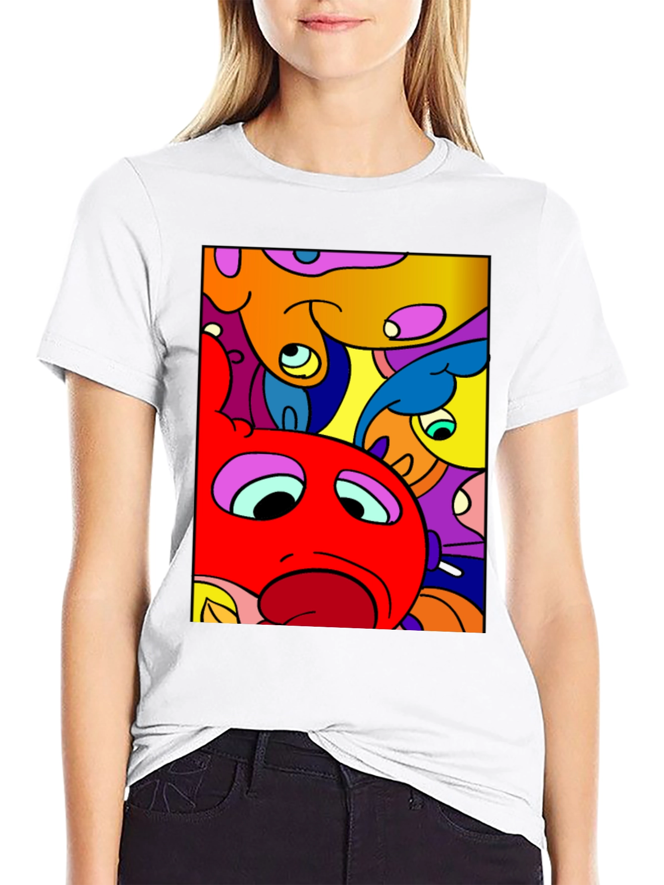 Abstract Cartoon Character Graphic Tee - Black
