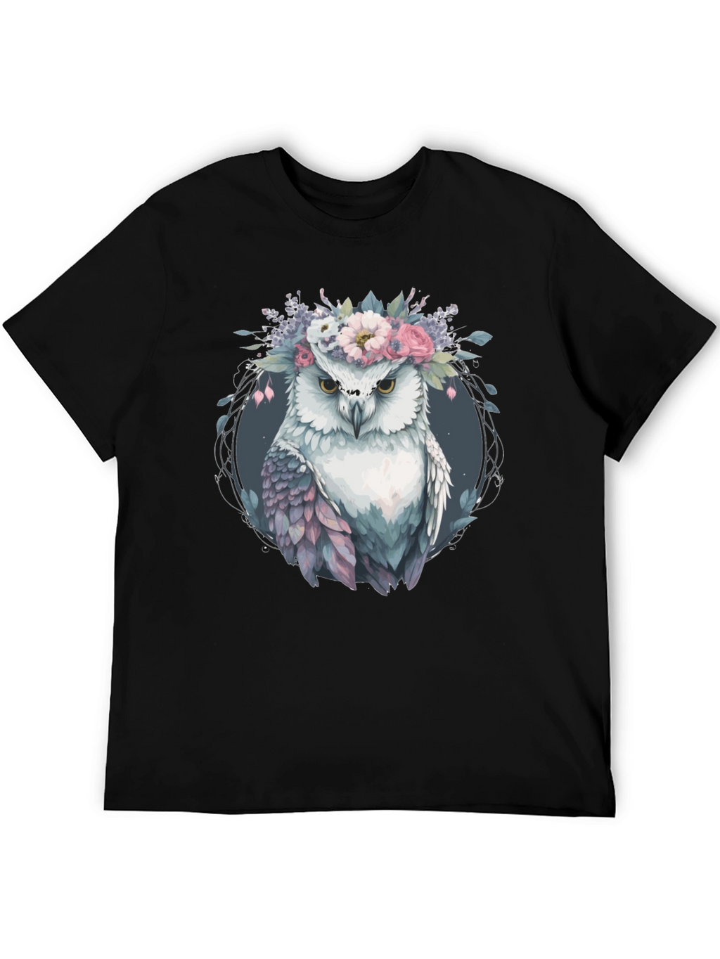 Owl With Floral Crown Graphic Tee - Black