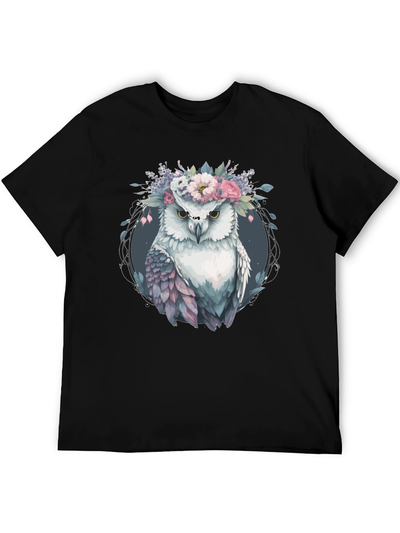 Owl With Floral Crown Graphic Tee - Black