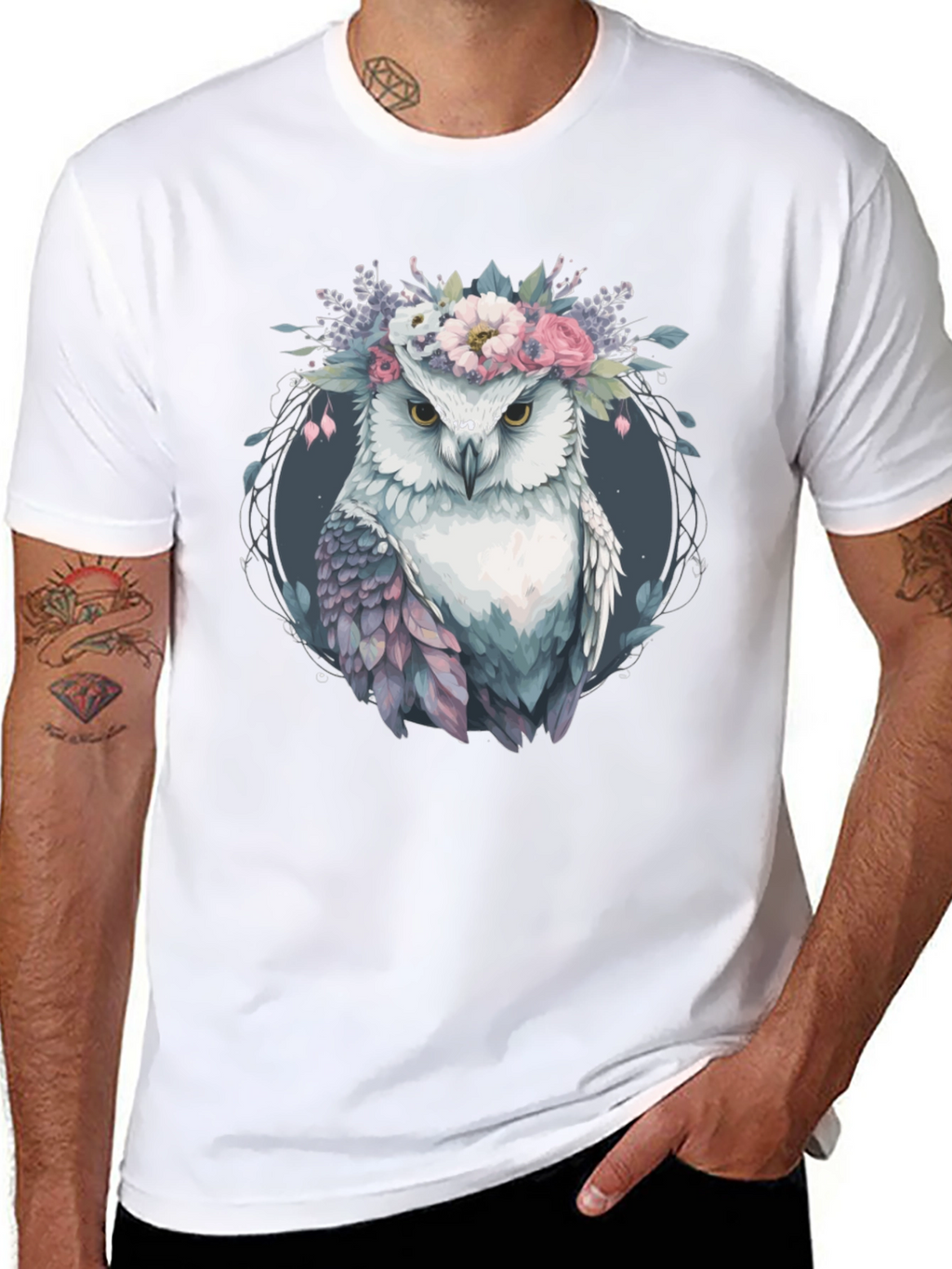 Owl With Floral Crown Graphic Tee - Black